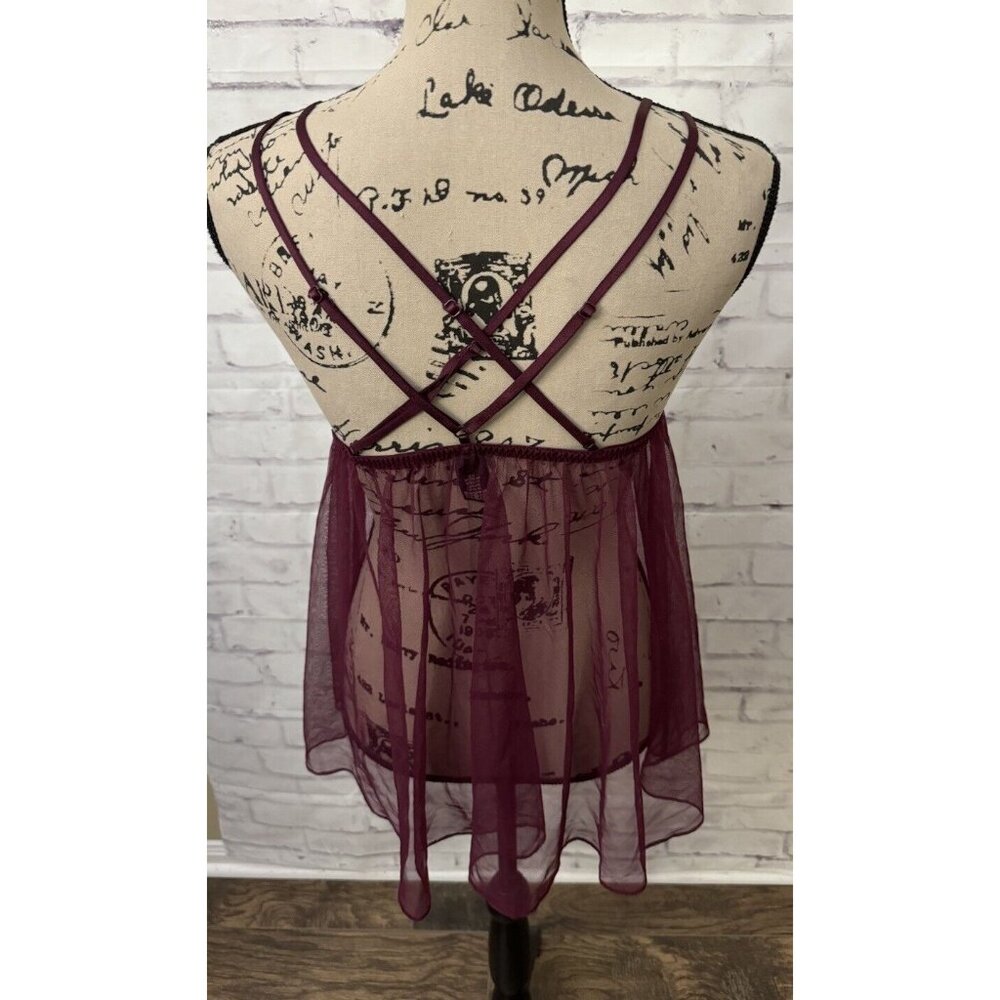 Victoria’s Secret Size Large Neglige Teddy Maroon Chiffon Sexy Lace Chemise - Picture 4 of 9